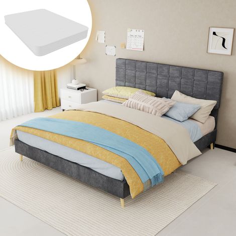 Cama de matrimonio 160x200 cm, cabecero acolchado de cuadros, patas de madera, tejido y metal gris (1/5)