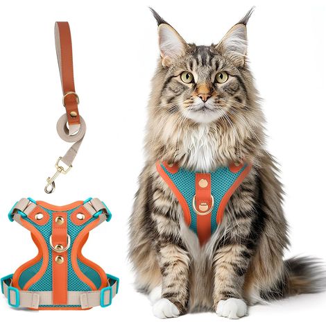 Ensemble Harnais et Laisse pour Chat, Anti-Fuite, Harnais en Cuir Microfibre, Réglable avec Gilet Réfléchissant pour Chats, Harnais Respirant sans Traction pour Chaton avec Maille (1/5)