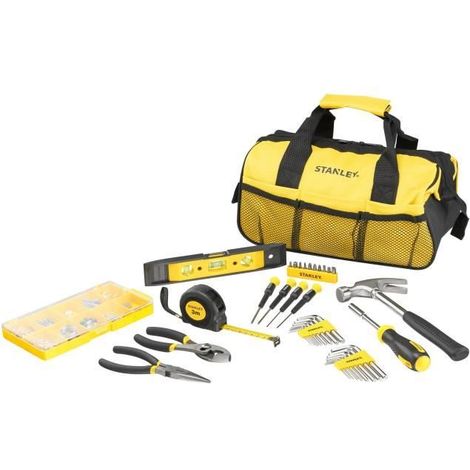 Stanley – Coffret d'outils 38 pièces en métal noir – Sac à outils souple – Marteau 369g – 2 pinces – 5 tournevis – 11 embouts – Niveau Torpedo