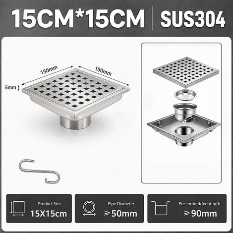 Caniveau de Douche Carré en Acier Inoxydable Siphon à 360° Anti-Odeurs, 2 en 1 Caniveau de Douche à Carreler, 15 x 15 Cm Drain de Sol pour Salles de Bains (Modèle 3) (1/4)