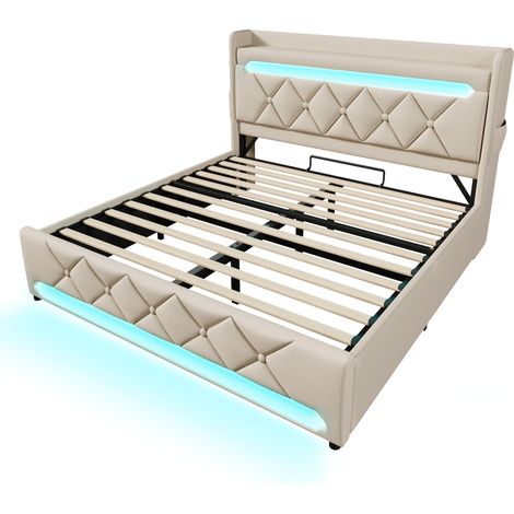 Cama canapé doble 140 x 200 beige de lino con LED, USB y USB-C, colchón incluido (1/5)