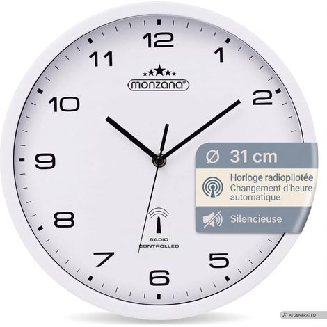 MONZANA® Horloge murale radio pilotée à quartz silencieuse blanche Ø 31cm avec trotteuse Changement d'heure automatique