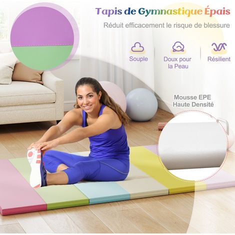 Tapis de gymnastique pliant 3 panneaux épais, tapis d'entraînement en mousse légère et PU avec poignées de transport colorées (1/5)