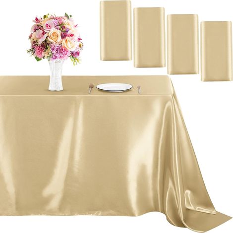 Lot de 4 nappes en satin champagne (259 x 147 cm), rectangulaires, légères et soyeuses, idéales pour les fêtes, les mariages et autres occasions. (1/5)