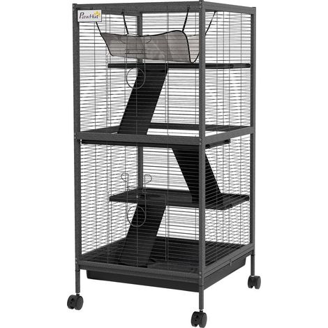 Cage à Cochon d'Inde et Chinchilla en Acier, 3 Niveaux, Roues et Tiroir Amovible, Gris
