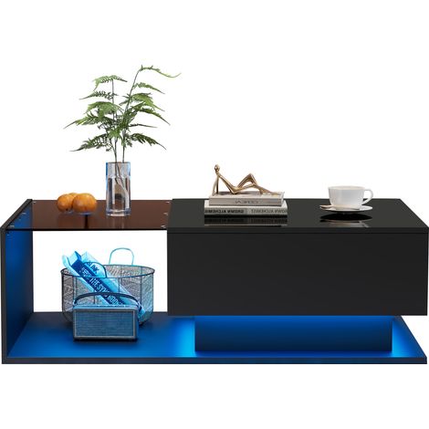 Table basse noire brillante 100x50x32 cm avec plateau en verre, tiroir intégré et éclairage LED intelligent, style moderne pour salon contemporain CHICFURN (1/5)