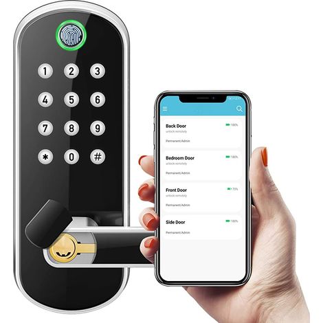 Serrure de porte électrique biométrique sans clé – Déverrouillage par empreinte digitale, code, smartphone – Installation facile sans perceuse (1/5)