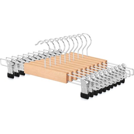 Lot de 10 Cintre Bois,Pince Antidérapante,Crochet 360°,Accessoire Placard,Pour Pantalon Jupe (1/5)