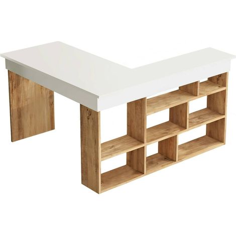 Dmora - Scrivania Angete, Scrittoio multiuso, Tavolo per ufficio porta PC, Piano di lavoro, 129x120h72 cm, Quercia e Bianco, con imballo rinforzato, con imballo rinforzato (1/5)