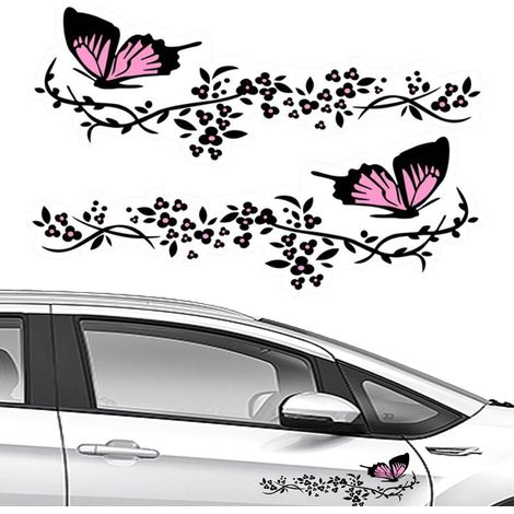 2Pcs Stickers Papillon pour Voiture, Avec Motif Fleurs et Papillons, pour Capot, Planches à Roulettes, Moto, Valises, Murs (Noir et Rose) (1/5)