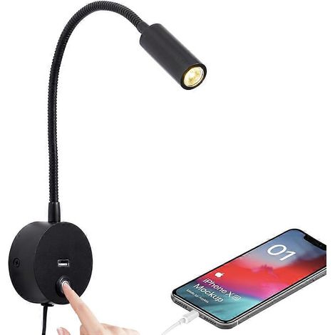 Wandmontierte Leselampe mit USB-Ladefunktion, dimmbare LED-Nachttischlampe mit flexiblem Schwanenhals, 3 Farbmodi, Schwarz