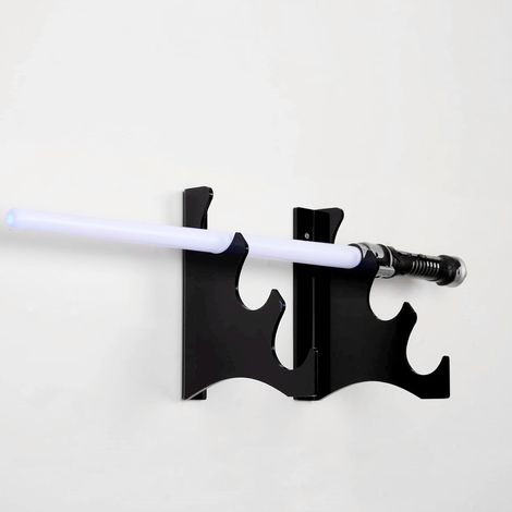 Schwarzer, dreistufiger Wandschwerthalter aus Acryl zur Dekoration von Wohnräumen und Geschäften, inklusive 2 Halterungen mit Schrauben und Anleitung. (1/5)