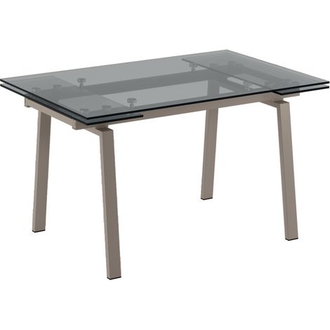 Tommy – Ausziehbarer Tisch (140/200 x 80 cm) aus taubengrauem Hartglas (1/3)