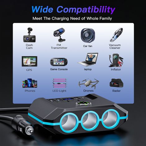 Adaptateur de voiture 120W, charge haute puissance, répartiteur à 3 prises 12-24V avec 4 Ports USB, affichage de tension LED, interrupteur marche-arrêt pour camion SUV