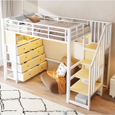 Letto a soppalco 90x200 cm bianco in metallo e MDF con 8 cassetti, LED e scala contenitore (1/5)