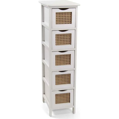 Cómoda de madera blanca con 5 cassetti e frontali in rattan naturale 26 x 32 x 98 cm