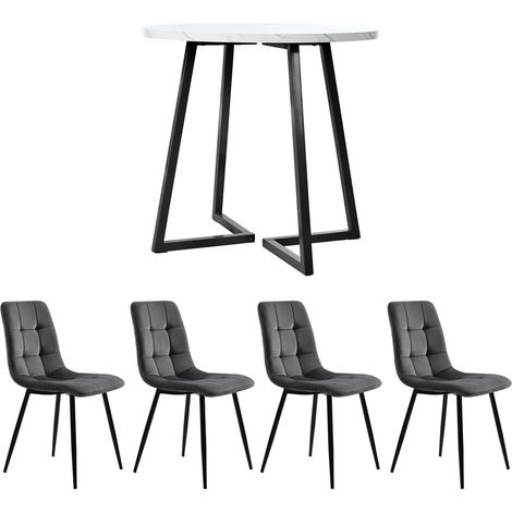 Conjunto de comedor 5 piezas con mesa redonda Ø80 cm MDF y 4 sillas de terciopelo (1/5)