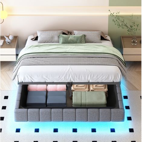 Letto contenitore matrimoniale 160x200 cm, con sollevamento idraulico e luce LED, rivestito in tessuto grigio, senza testiera (1/5)