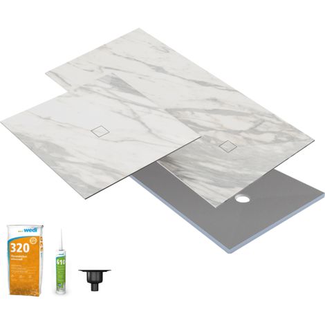 Receveur de douche à carreler 90 x 90 WEDI Fundo Primo + revêtement Top marble white + colle + bonde verticale + kit étancheité