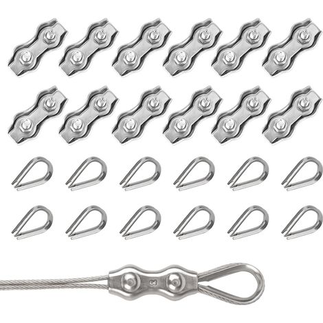 Duplex Clips Serre-Câbles 24 Pièces M3 Duplex Clips avec M3 Cosse Coeur,304 Serre Cable Acier 3mm Pinces Duplex pour Cable Acier 2mm,Serre Cable pour Auvent Tendeur de Corde à Linge Fixe (1/5)