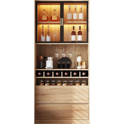 ELVMI Vitrine avec Tiroirs, Niches Ouvertes, Portes en Verre et LED, MDF, 80 x 40 x 180 cm, Naturel (1/5)