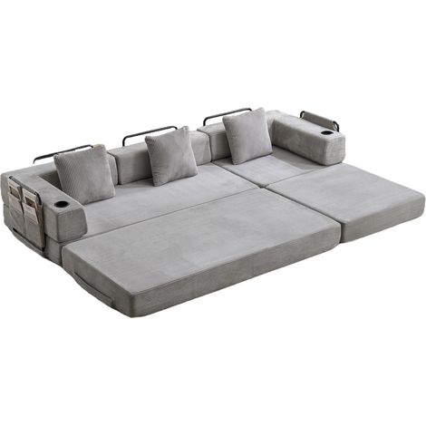 Sofá cama plegable de suelo de chenilla gris claro con cojín y portavasos (1/5)
