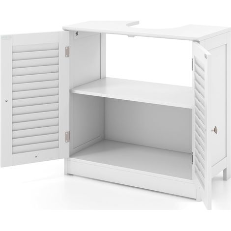 GOPLUS Meuble Salle de Bain sous Lavabo, Portes à Persiennes & 2 Compartiments, Meuble sous lavabo Salle de Bain avec Découpe en U 24X20cm, pour Rangement Salle de Bain, 60x30x60cm, Blanc (1/5)