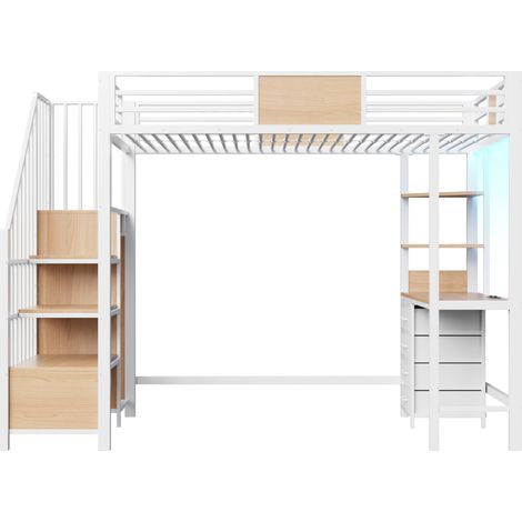 Cama alta de metal blanca 90x200 cm con escritorio, estantes, barra, LED y enchufe (1/5)