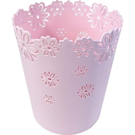 – Corbeille à papier en plastique épais – Base antidérapante – Taille S – 6,3 x 4,9 x 7,3 pouces – Rose – Design en dentelle décoratif (1/5)