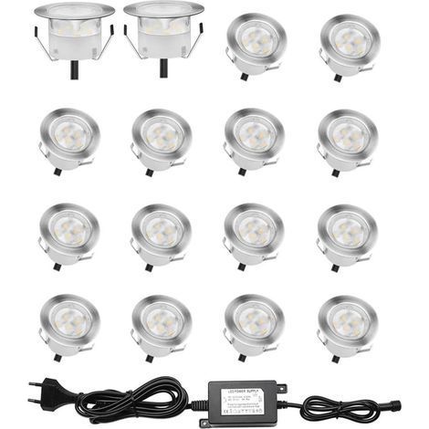 Lot de 16 Spots LED Encastrable pour Terrasse Bois, Etanche IP67, Spots à Encastrer Extérieur, 0,6W DC12V, Lumière Blanc, Kit Mini Lampe pour Chemin Contremarches d'escalier Plafond [Classe énergétiqu (1/5)