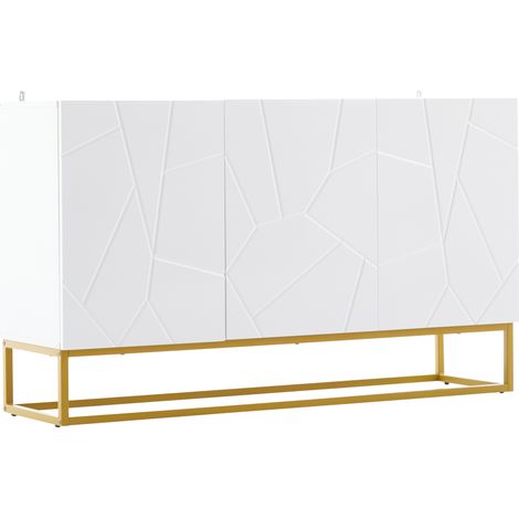 Buffet blanc et doré de 130 cm, bahut moderne à trois portes, façades brillantes, étagères réglables et pieds en métal (1/5)