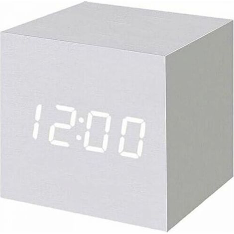1pc Blanc Réveil numérique à LED en Bois, Horloge Cubique Numérique avec Affichage Date et Température, Prise USB / Batterie (1/5)