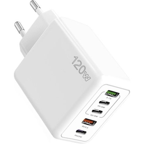 Adaptateur de charge rapide 120 W pour téléphones portables, avec 2 ports USB et 3 ports USB-C, compatible avec les téléphones portables, les tablettes et les voyageurs d'affaires. Blanc, norme europé (1/5)
