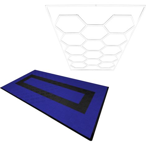 Piastrelle Modulari Ventilate 90 Blu & 30 Nere con Bordi & Illuminazione LED Esagonale 14 Luci Bianche 6500K 3 Opzioni di Montaggio Kit Soffitto Garage Singolo Pavimento 3,2m x 6m