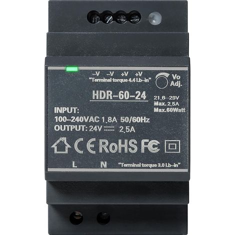 Alimentation sur Rail Din, Rails Bloc d'alimentation Alimentation DC 24V 2.5A 60W Transformateur pour Rail DIN HDR-60W-24V2.5A (1/5)