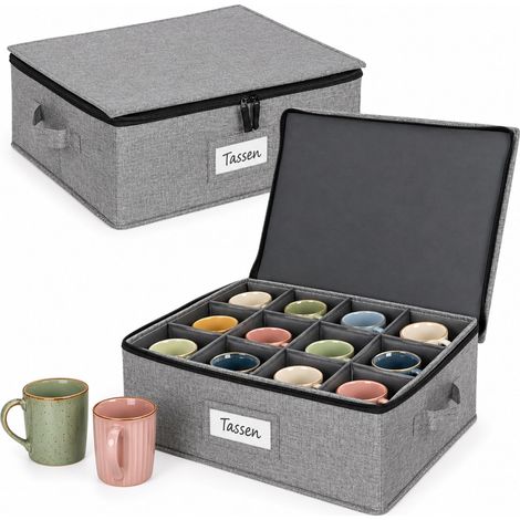 Relaxdays Crockery Storage Box, Set of 2, 12 Cups Each, Cup Box, HWD: 17 x 41.5 x 34 cm, Label Pocket, Grey (1/5)