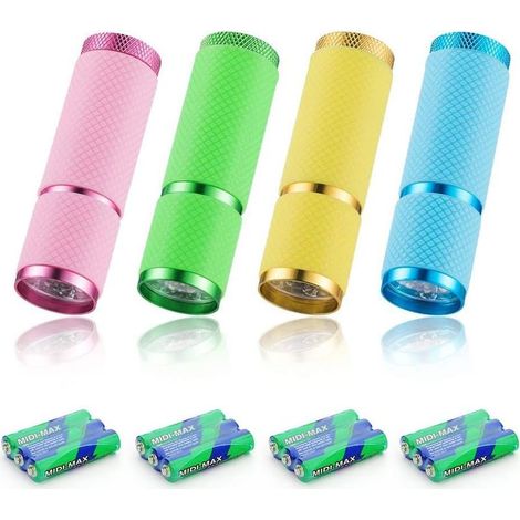 Juego de 4 mini linternas. Linterna LED. Linterna infantil con mango fluorescente para acampar, leer, caminar, hacer senderismo y trabajar. Incluye 12 pilas. (1/5)