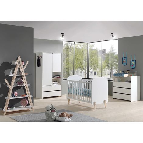BODHI WHITE - Lit Bébé 60x120cm + Pack Commode + Armoire 2P + Etagère (1/5)