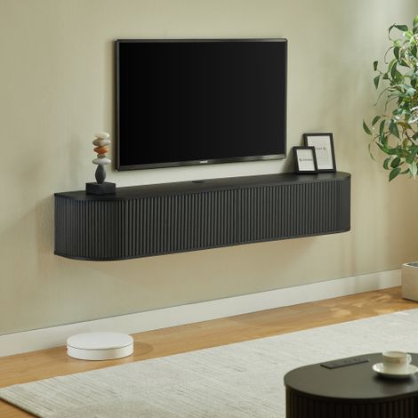 Meuble TV mural flottant 180 cm, grand rangement, passe-câbles, portes à charnières métalliques, coloris noir (1/5)