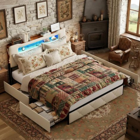 Lit 140x190 cm avec tiroirs, lit 140x190 avec rangement , tête de lit réglable LED et port USB, dos en velours, sommier à lattes, rangement intégré - Beige