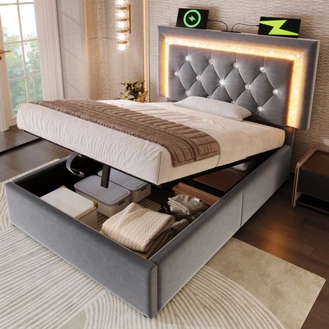 LED-Einzelbett 90x200 cm in grauem Samt, Diamant-Kopfteil, RGB-Lichtband, USB/Type-C, hydraulischer Bettkasten, Lattenrost LINHOO