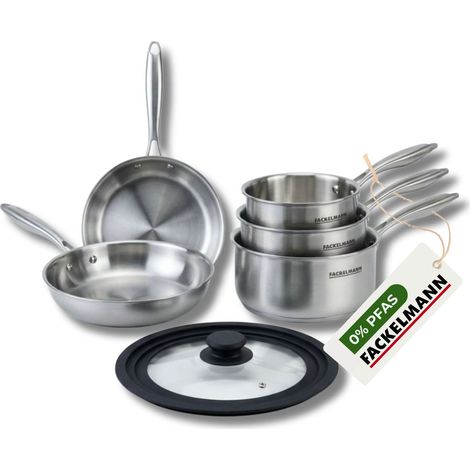 Poêles à Frire 20 et 28 cm, Casseroles 14 16 et 18 cm inox 18/10 Triply et couvercle Fackelmann Vita3 (1/5)