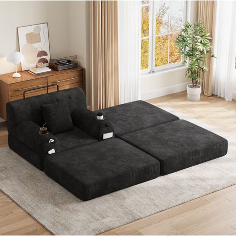 Sillón cama individual de pana con reposapiés, respaldo alto y 2 portavasos negro OKWISH (1/5)