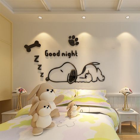 Sticker mural décoratif 3D en forme de chiot de dessin animé stéréoscopique pour chambre d'enfant, à côté du lit. (1/4)