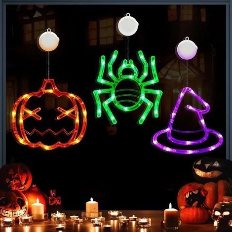 3PCS Lumières pour Fenêtre Halloween, Guirlande Lumineuse à Piles Citrouille + Araignée + Chapeau de Sorcière LAMPE DECORATIVE (1/5)