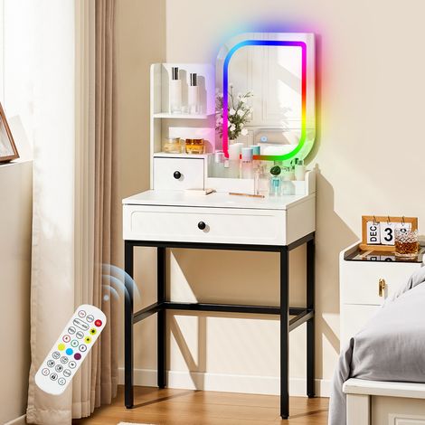 CLIPOP RGB Dressing Table with LED Light Mirror Bedroom Vanity Table with 2 Drawers and Open Shelves Makeup Desk Dresser for Girls Women (1/5)