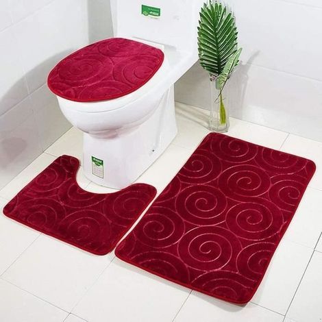 New Non-Slip Bath Mat, 3-Piece Bathroom Rug Set: Bathroom Mat, Contour Mat, Toilet Mat (Red) (1/3)