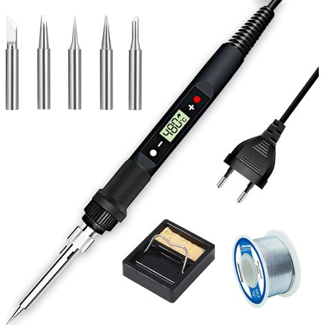 60W Fer à Souder Kit,  Electrique Temperature Réglable200 450℃ avec Interrupteur ON/OFF, 5PCS Conseils de soudage, Fil de Soudure, Station de Soudage, Pincettes(Black) (1/5)