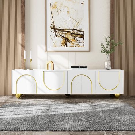 Fortuna Lai – Meuble TV 170 cm blanc – 4 portes avec étagères réglables – Pieds dorés – Design élégant avec décor doré – Dimensions 170x38x44 cm (1/5)