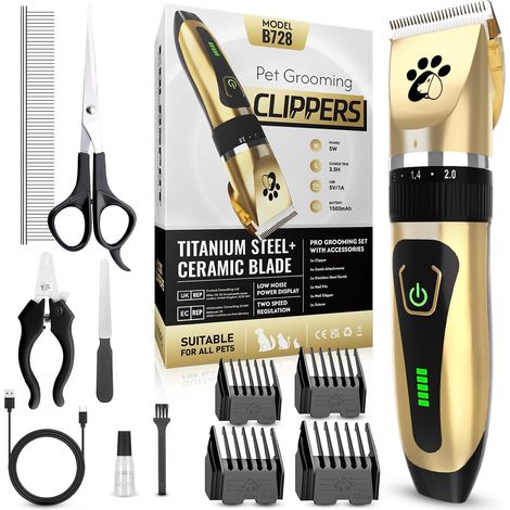 Tondeuse pour Chiens Sans Fil, Tondeuse Professionnelle pour Animaux, Kit de Toilettage pour Chiens à 2 Vitesses et Faible Bruit, Tondeuse pour Animaux pour Chiens et Chats à Poils Courts et Longs (1/5)